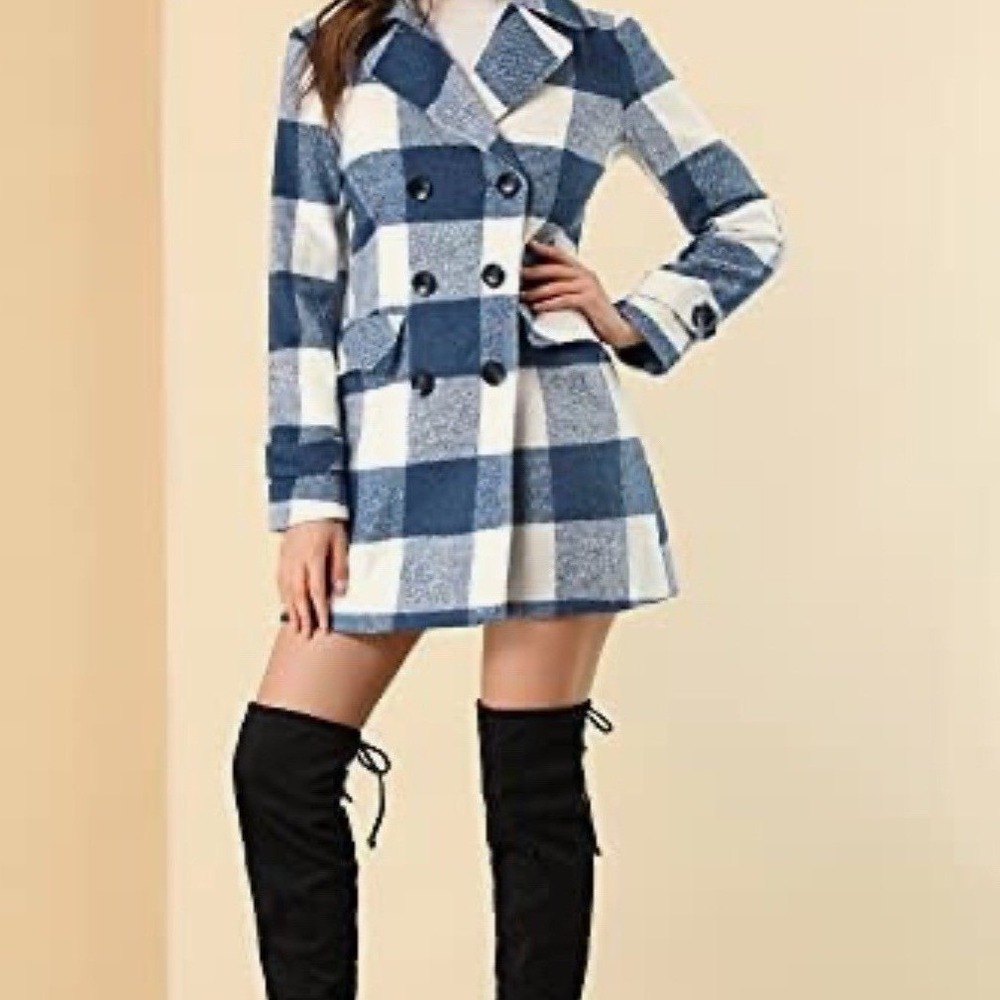 Allegra K Blue White Plaid Pea Coat Notched Lapel Women Size‎ S Chic
